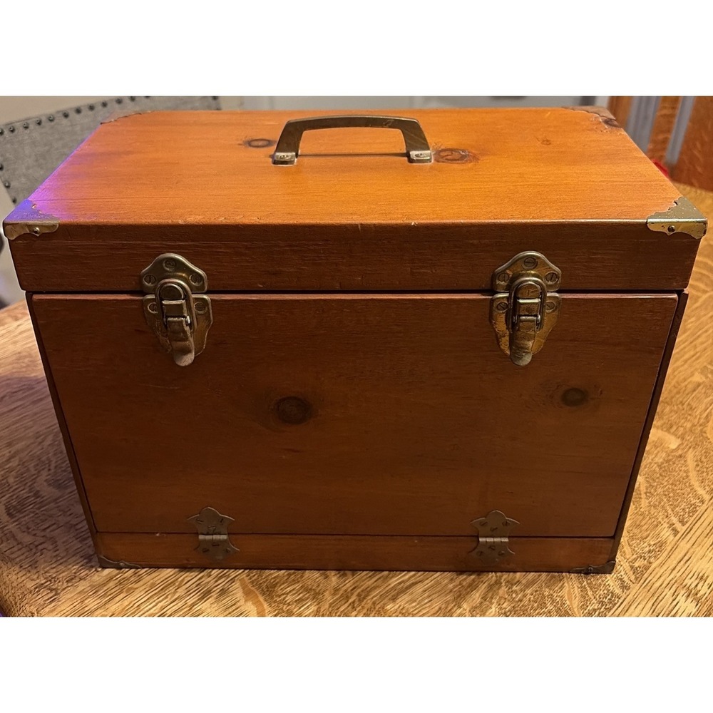 Vintage Pine Travel writing Desk‎ 15x8x10 Brass Closure Handle Corners Hinges
